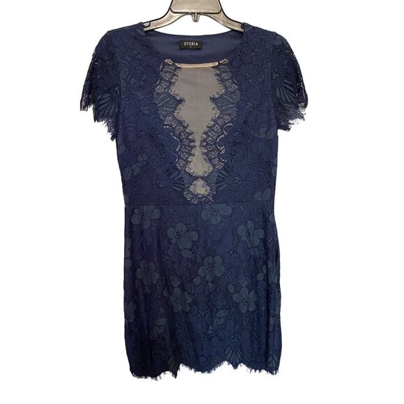 Storia Lace Dress with Plunging Sheer Neckline and Short Sleeves Navy Blue Size - Picture 1 of 12